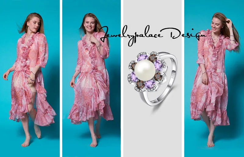 Jewelrypalace 7 мм культивированный жемчуг 1ct подлинная дымчатый кварц аметист кластера Кольца 925 серебро Красивые ювелирные изделия для Для женщин подарок