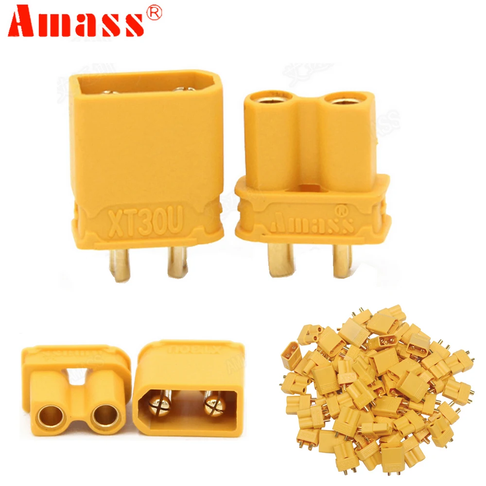 100 unids/lote Amass XT30U, 2mm, conector antideslizante macho + hembra 2mm, conector dorado/actualización de enchufe XT30 ( 50 pares)