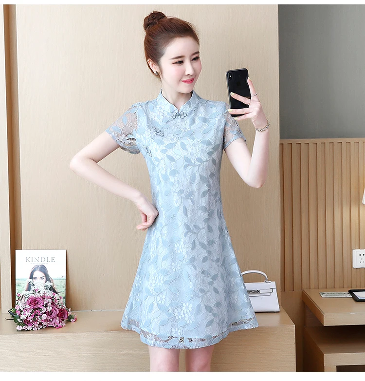 womens woman ladies summer cheongsam cute lace big plus size M-5XL XXL XXXL 3XL XXXXL 4XL 5XL loose Casual blouse dress