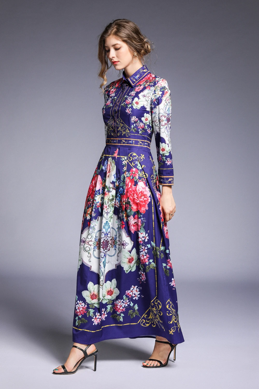 2019 Spring Summer Fall Runway Vintage Floral Print Collar Long Sleeve Empire Waist Women Lady Party Casual A-Line Maxi Dress | Женская