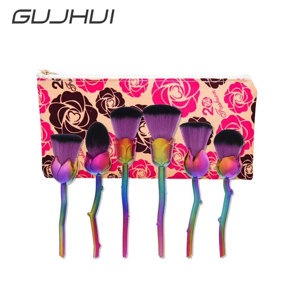 

GUJHUI 6pcs Metal Makeup Brushes Set Multicolored Rose Flower Shape Make Up Foundation Cosmetic Powder Brushes