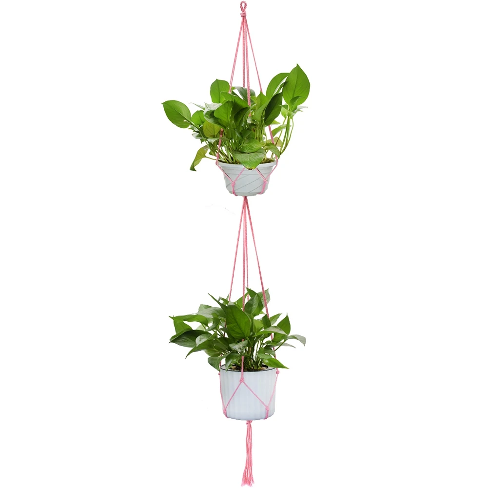 Pink Dual-layer Завязанная Подвеска для растений из макраме крючок винтажная хлопковая линия подвесная корзина подъемная веревка висячий цветочный горшок держатель садовое украшение - Цвет: Pink Dual-layer