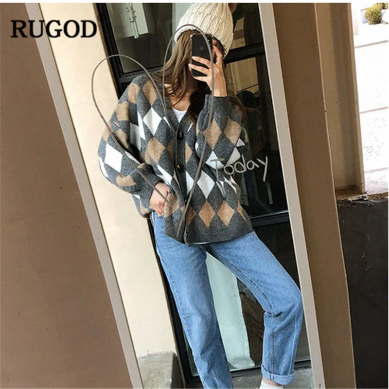 RUGOD, винтажные Модные женские рождественские кардиганы, клетчатые повседневные женские свитера с v-образным вырезом, вязанная зимняя одежда, pull femme hiver