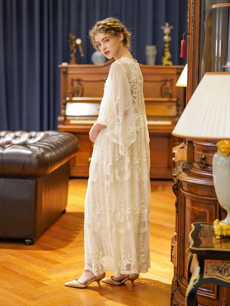 Spring Summer Women Elegant Casual Loose Exquisite Embroidery Lace Rice White Maxi Dress Vintage Mori Girls Long Mesh Dresses