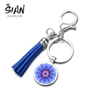 Новый женский кожаный брелок с кисточкой в виде василькового цветка, милый стеклянный кабошон с милым рисунком синего цветка, очаровательный брелок для ключей, женский подарок
