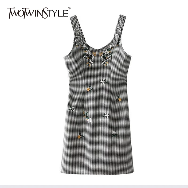 TWOTWINSTYLE мини-платье-майка с цветочной вышивкой, женское сексуальное платье без рукавов в клетку на подтяжках, женская летняя повседневная одежда