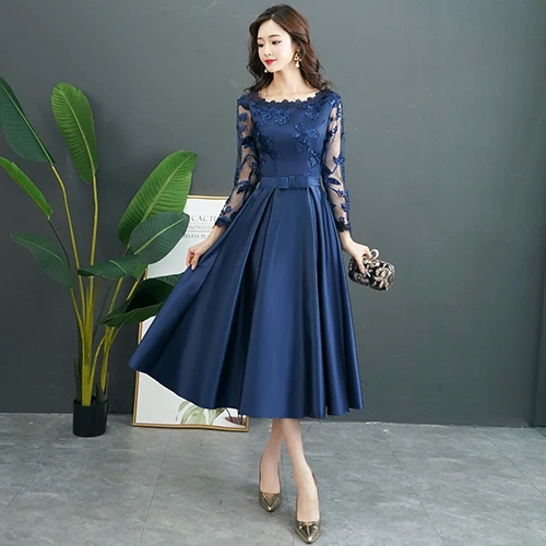 navy blue Темно-синее вечернее платье с длинным рукавом ТРАПЕЦИЕВИДНОЕ атласное вечернее платье длиной до середины икры Длинные платья для матери невесты размера плюс - Цвет: navy blue