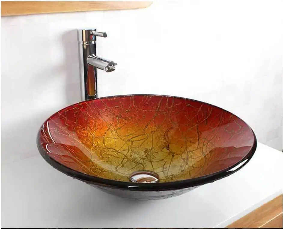 

Bathroom Round Tempered Glass Sink Cloakroom Counter Artistic Carving Top Washbasin BWY-1607