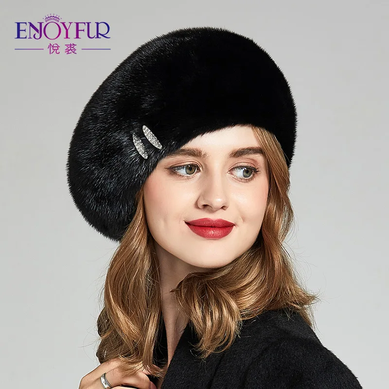 ENJOYFUR настоящие норковые меховые шапки для женщин вязаные На зимнем меху с стразы