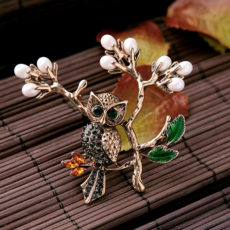 Оптовая цена 2017 Новинка античное золото цвет кристалл Сова зеленая Эмаль Листья