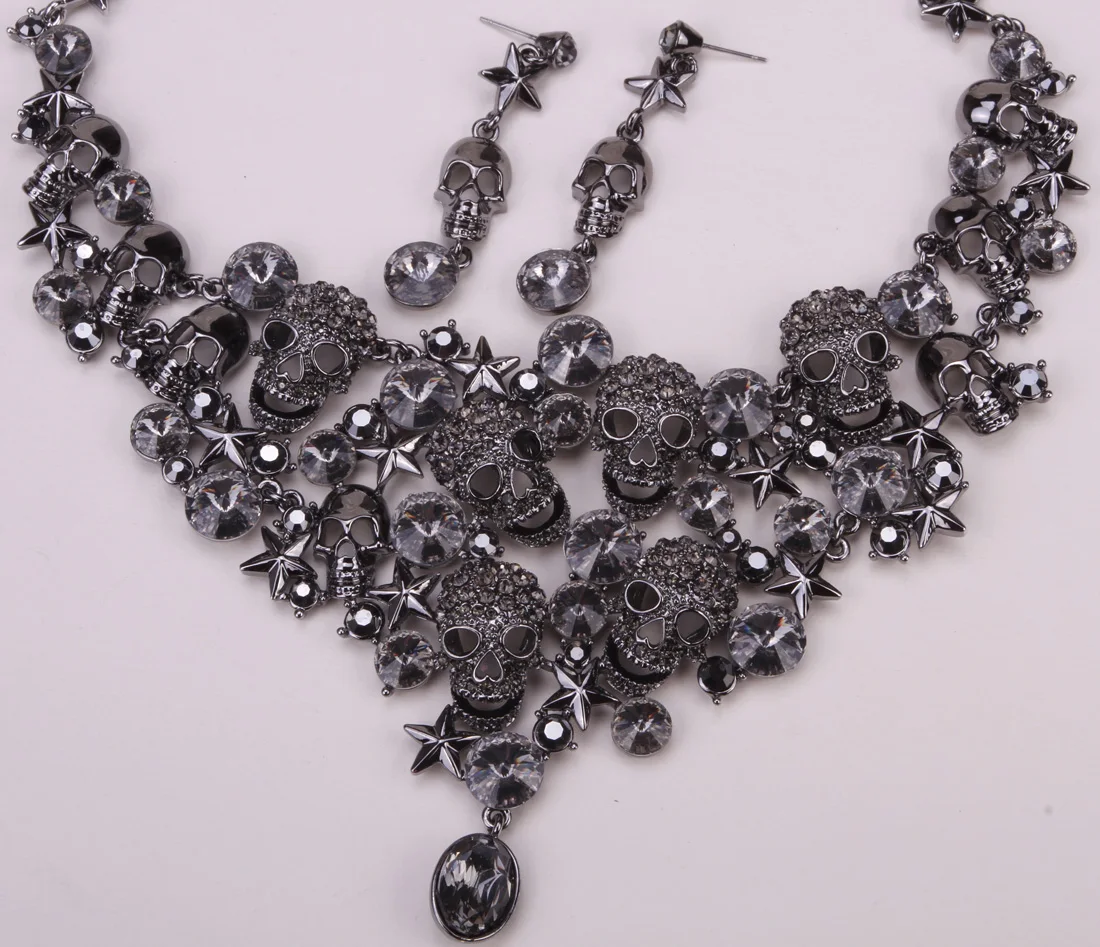 Skull star necklace earrings sets women biker jewelry gifts W/ crystal antique silver color NC03 wholesale dropshipping | Украшения и