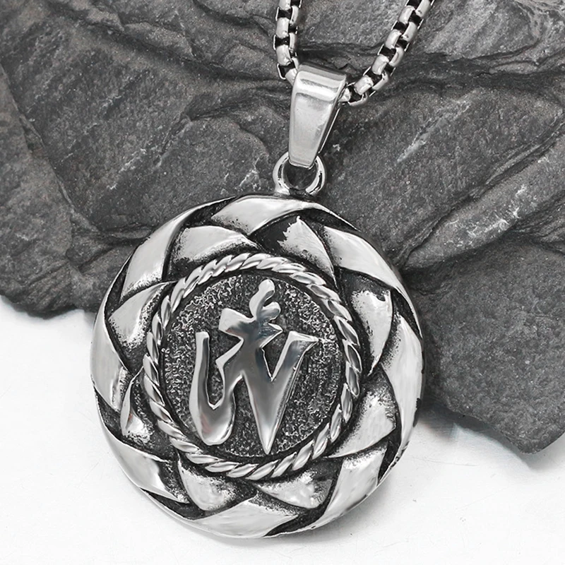 Antique silver personalized Om Mani Padme Hum necklace Circular pendant free ship | Украшения и аксессуары