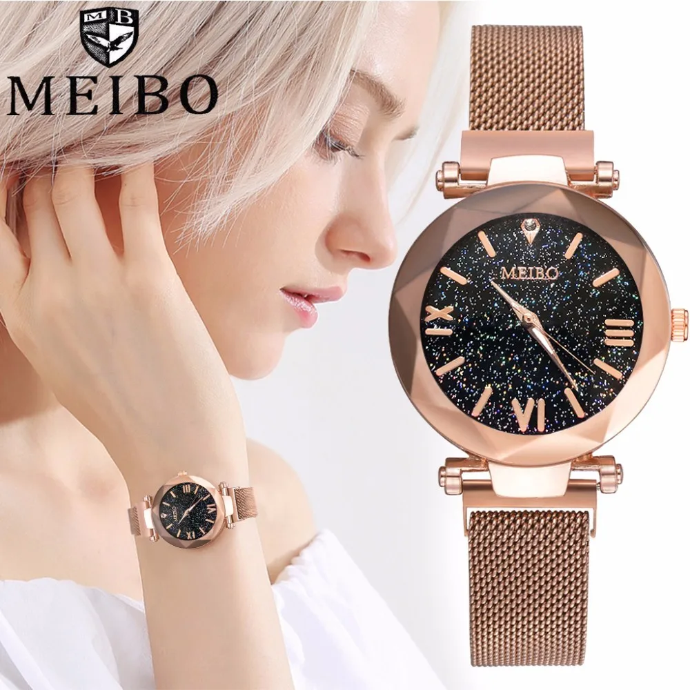 

Women Mesh Magnet Buckle Starry Sky Watch Casual Luxury Ladies Geometric Surface Roman Numeral Quartz Watches Relogio Feminino