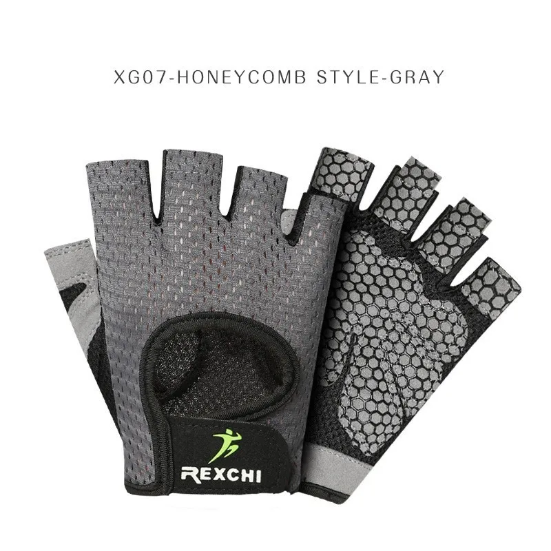 XG07 Honeycomb Gray REXCHI Профессиональный тренажерный зал фитнес перчатки силовой тяжелой атлетики для женщин мужчин Кроссфит тренировки Бодибилдинг половина пальцев рука протектор - Цвет: XG07 Honeycomb Gray