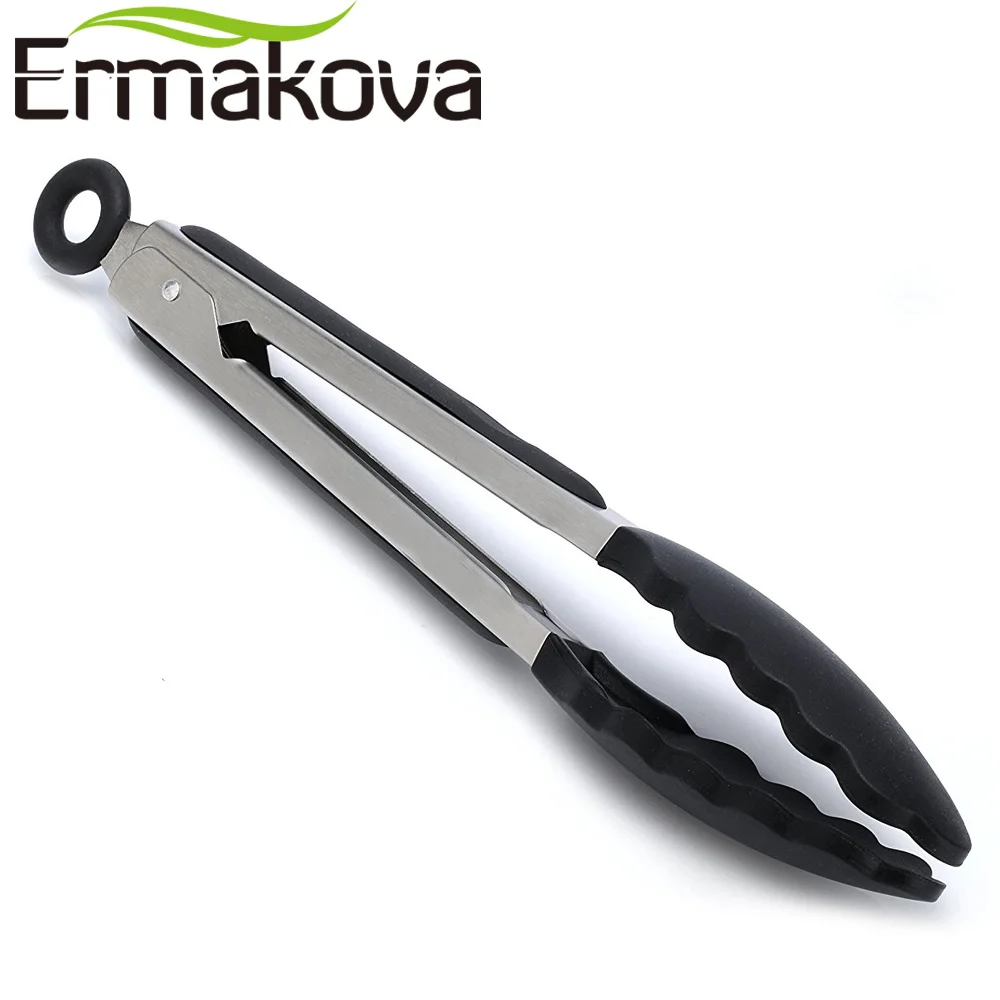 ERMAKOVA 2 шт./компл. 9-дюймовый и 12-дюймовый черный Кухня Силиконовые Тонг с антипригарным покрытием Нержавеющая сталь салат/пусковая площадка салатная приготовления барбекю или жареного хлеба размером Тонг