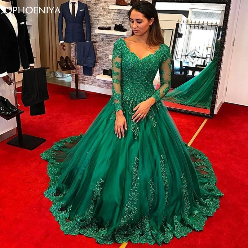 

New Arrival V Neck Long sleeve evening dresses 2021 Lace Beaded Evening gown Abiye gece elbisesi Cheap formal dress
