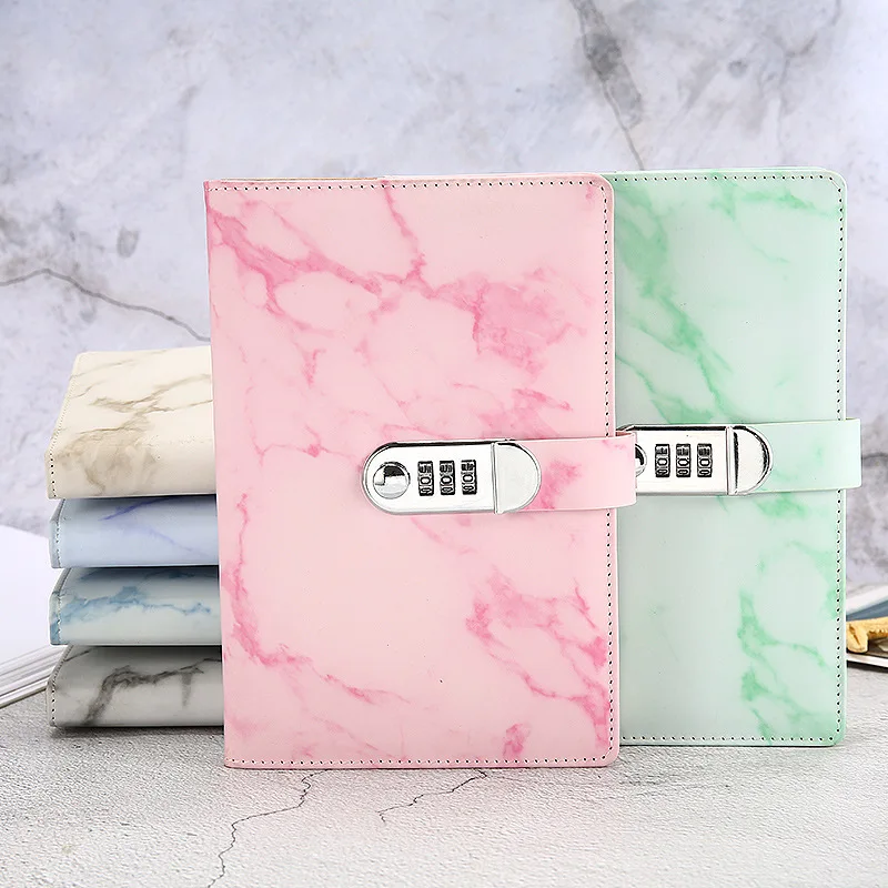 Vintage marble Line Notebook A5 Diary Lockable Notebooks PU Leather Planner School Supplies Agenda with Password Lock | Канцтовары для
