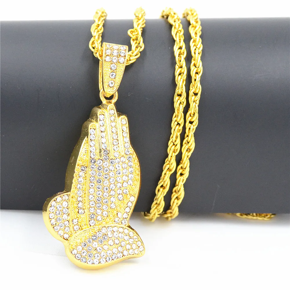 Uodesign хип-хоп золотой цвет Блестящий горный хрусталь Молящиеся руки мужские