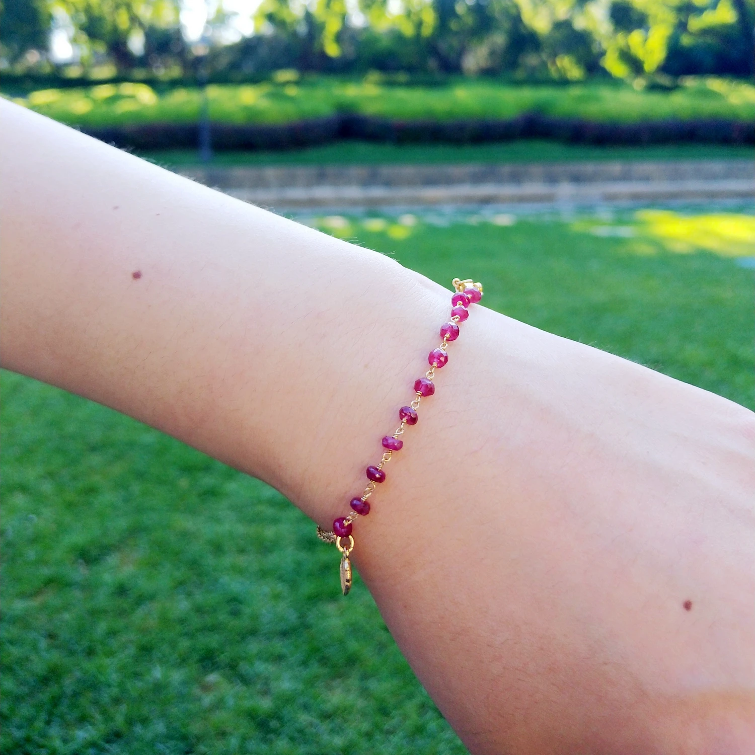 Lii Ji Genuine Red Ruby Bracelet 925 Sterling Silver 18K Gold Plated Leaf with 9K Gold Chain Link Delicate Bracelet For Women