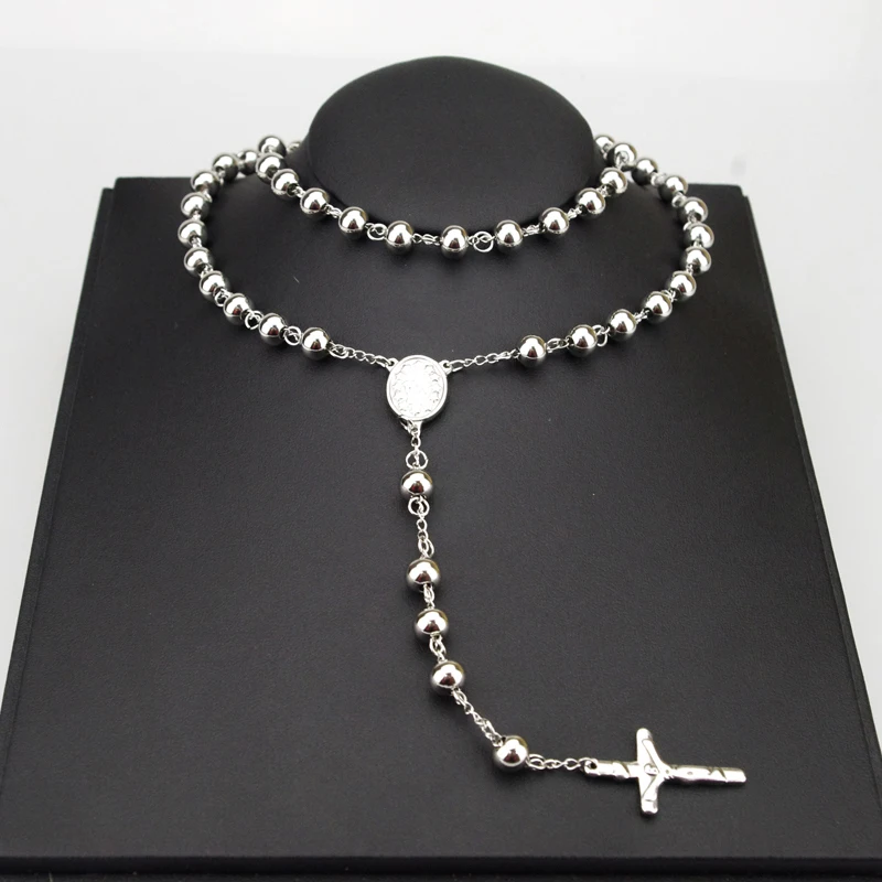 

AMUMIU 8mm Classic Rosary Beads chain Cross Religious Catholic Stainless Steel Necklace Women's Men's Wholesale HZN080
