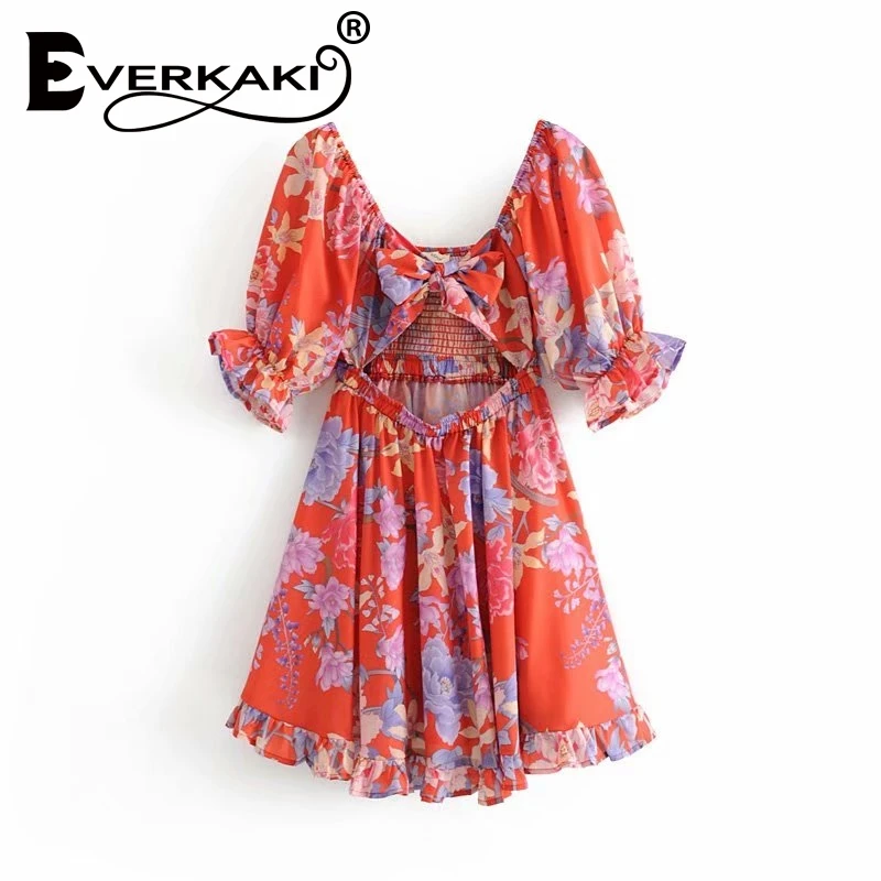 Everkaki винтажные Цветочные пляжные платья блузка мини бохо платье короткий рукав