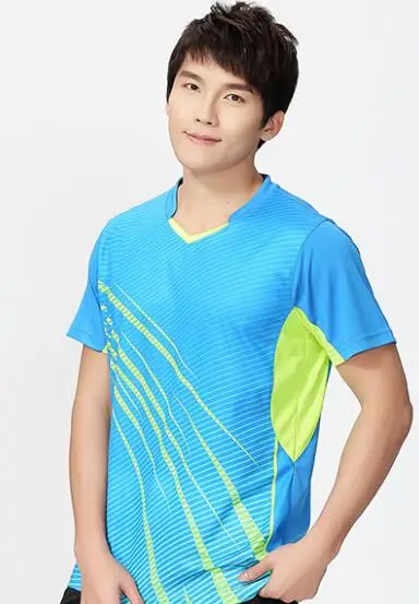 men blue shirt Новинка, рубашки для бадминтона/тенниса для мужчин/женщин, одежда для тенниса на заказ, футболки для любителей настольного тенниса, Спортивная футболка с короткими рукавами, шорты - Цвет: men blue shirt