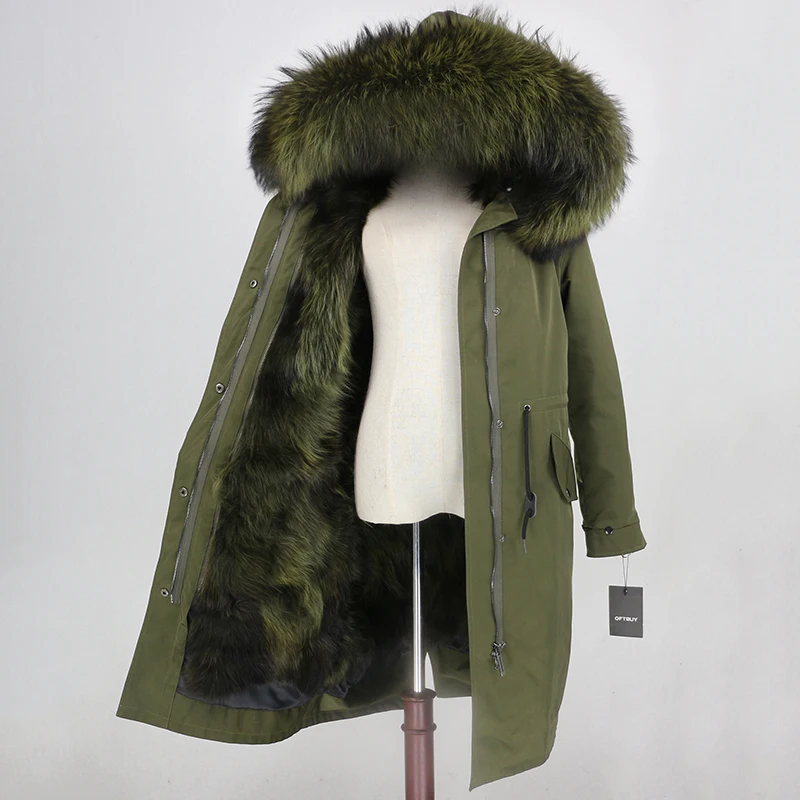 full green OFTBUY X-long Parka, водонепроницаемая верхняя одежда, зимняя куртка для женщин, натуральный мех енота, капюшон, подкладка из лисьего меха, Съемный натуральный мех - Цвет: full green