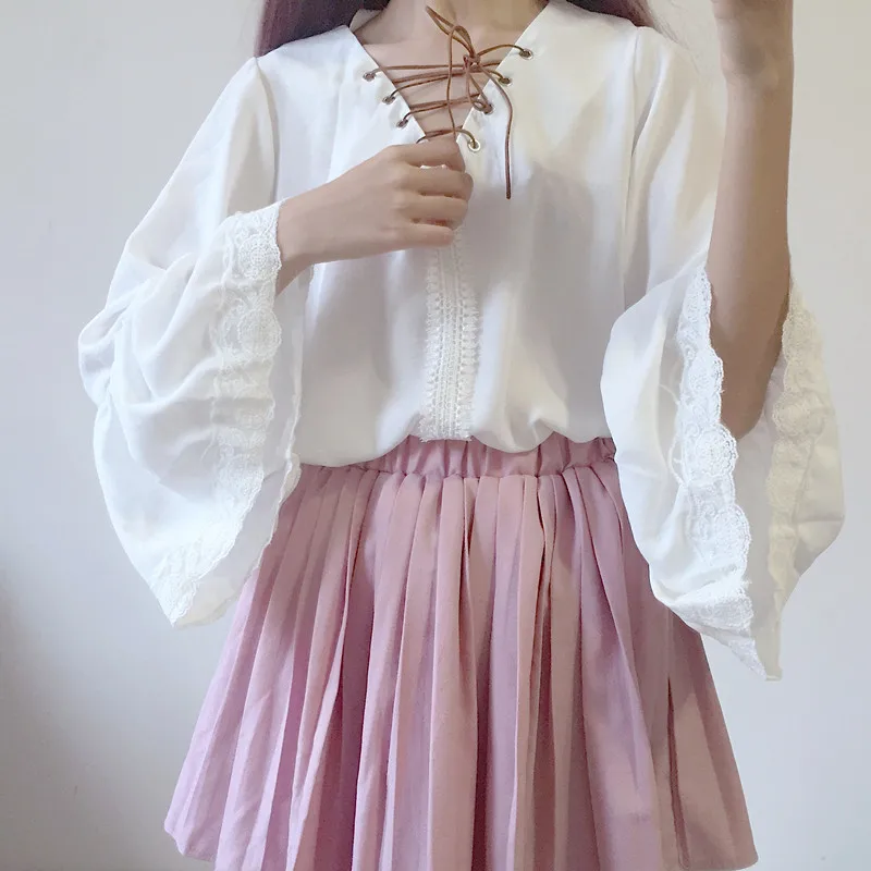 Женские блузки в японском стиле с v образным вырезом кружевные свободные рубашки