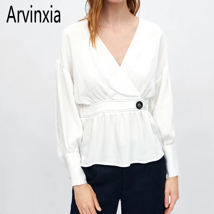 Arvinxia ZA модная однотонная женская рубашка с глубоким v образным вырезом