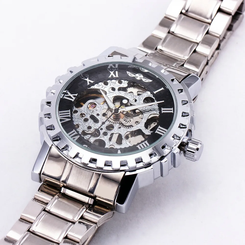 Мужские автоматические механические часы WINNER золотистый ремешок из нержавеющей