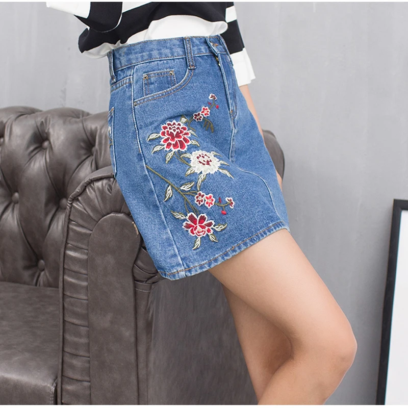 Джинсовые юбки с высокой талией для девочек юбка цветочной вышивкой короткие