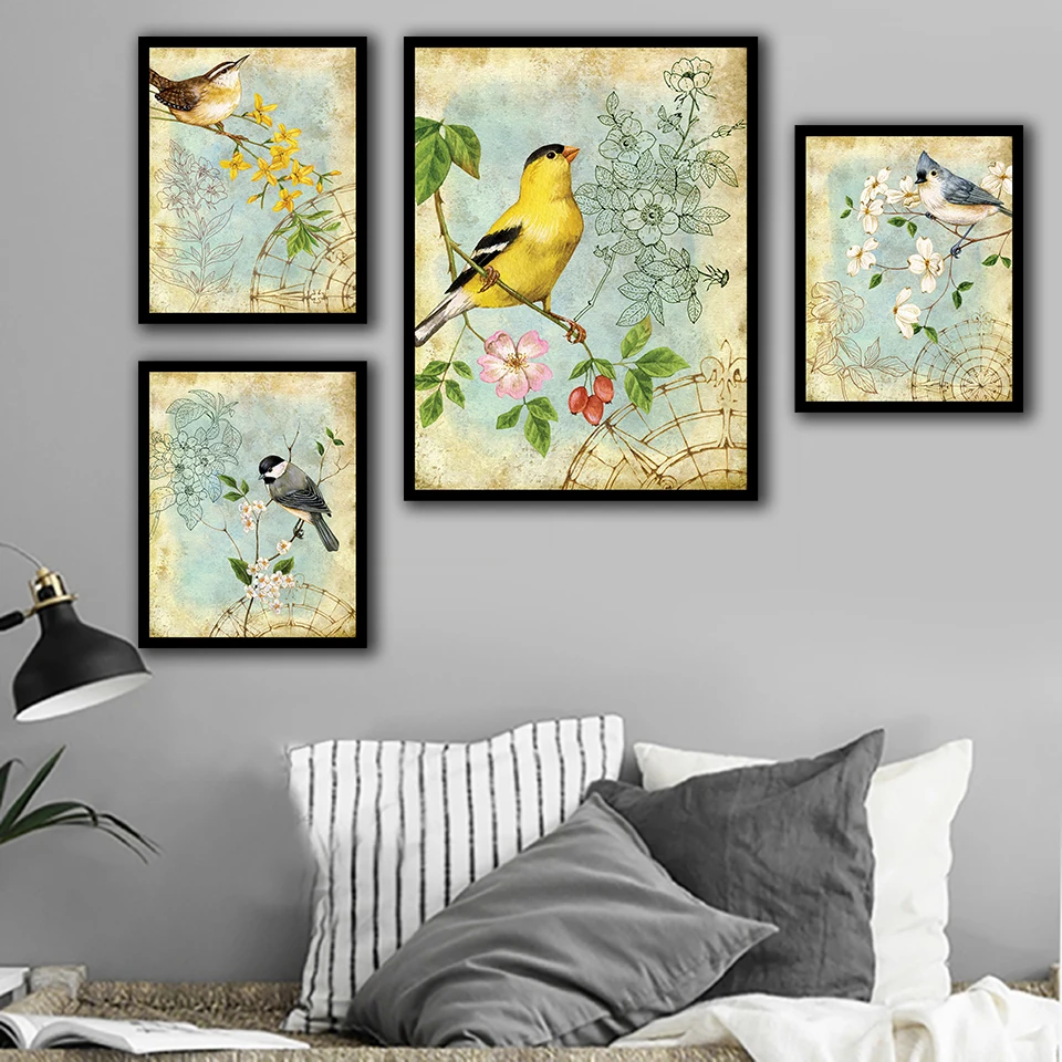 

Beautiful Flowers And Birds Painting Nordic Prints Poster Wall Art Canvas Tree Twig Sparrow Pictures Bedroom Fashion Home Decor