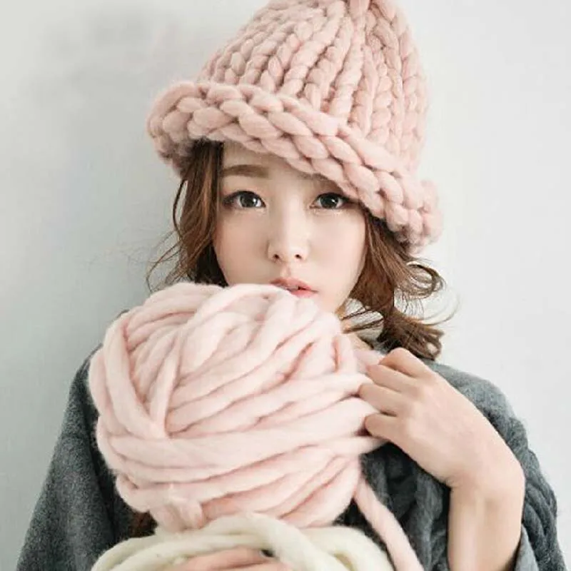 

Women Winter Warm Hat Handmade Knitted Coarse Lines Cable Hats Knit Cap Candy Color Beanie Crochet Caps Women Accessories