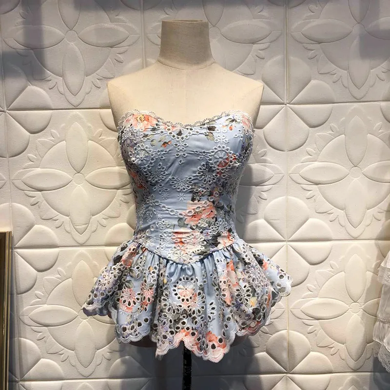 Blue floral Высокое качество летнее пляжный отдых с открытыми плечами женский сексуальный топ - Цвет: Blue floral