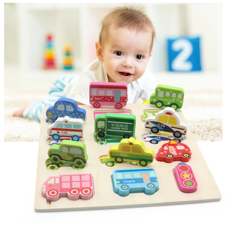 

Wooden multifunctional jigsaw puzzle three-dimensional puzzle hand grabbing board Vehicle shape cognitive card education toy M51