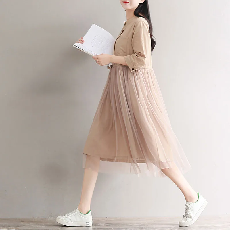 Женское свободное платье средней длины однотонное Сетчатое в Корейском стиле из