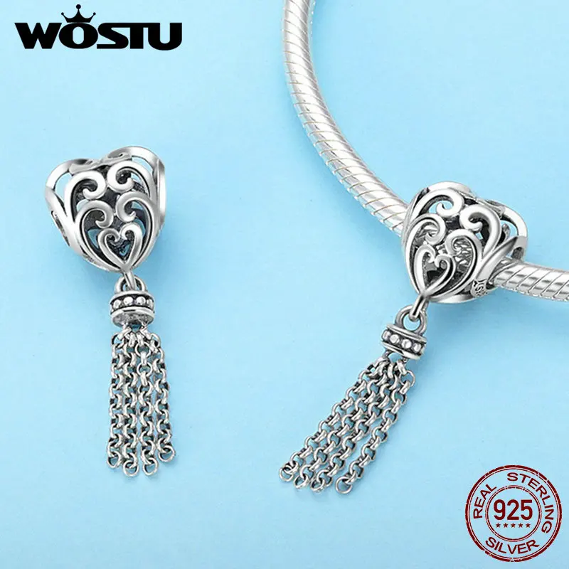 WOSTU Новое поступление 925 пробы серебро очарование с кисточкой-сердцем Шарм Подходит Сделай Сам браслет из бусин ювелирные изделия подарок FIC722