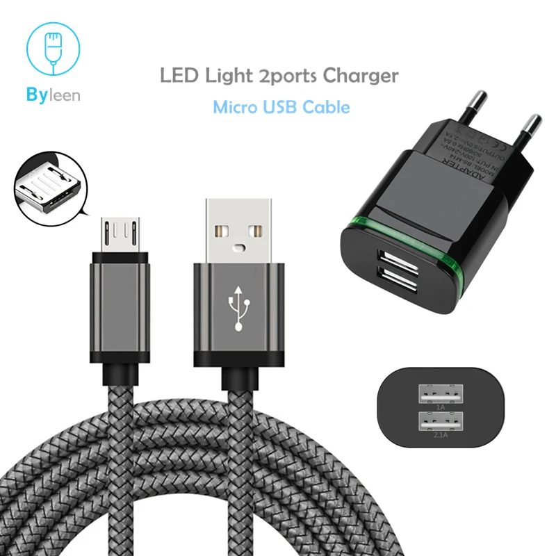 Byleen 2 порта 5 в а 1 А USB зарядное устройство адаптер Android Micro кабель для быстрой