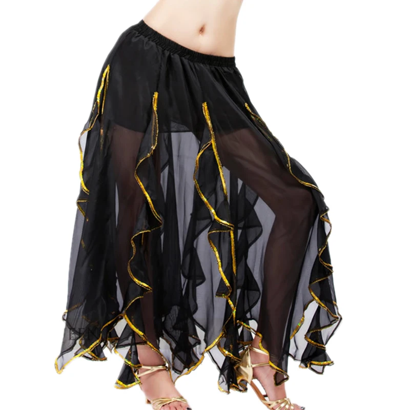 

Belly Dance Costume Skirt Indian Dancer Long Skirts Bellydance Competition Bollywood Performance Chiffon Elastic Waistband