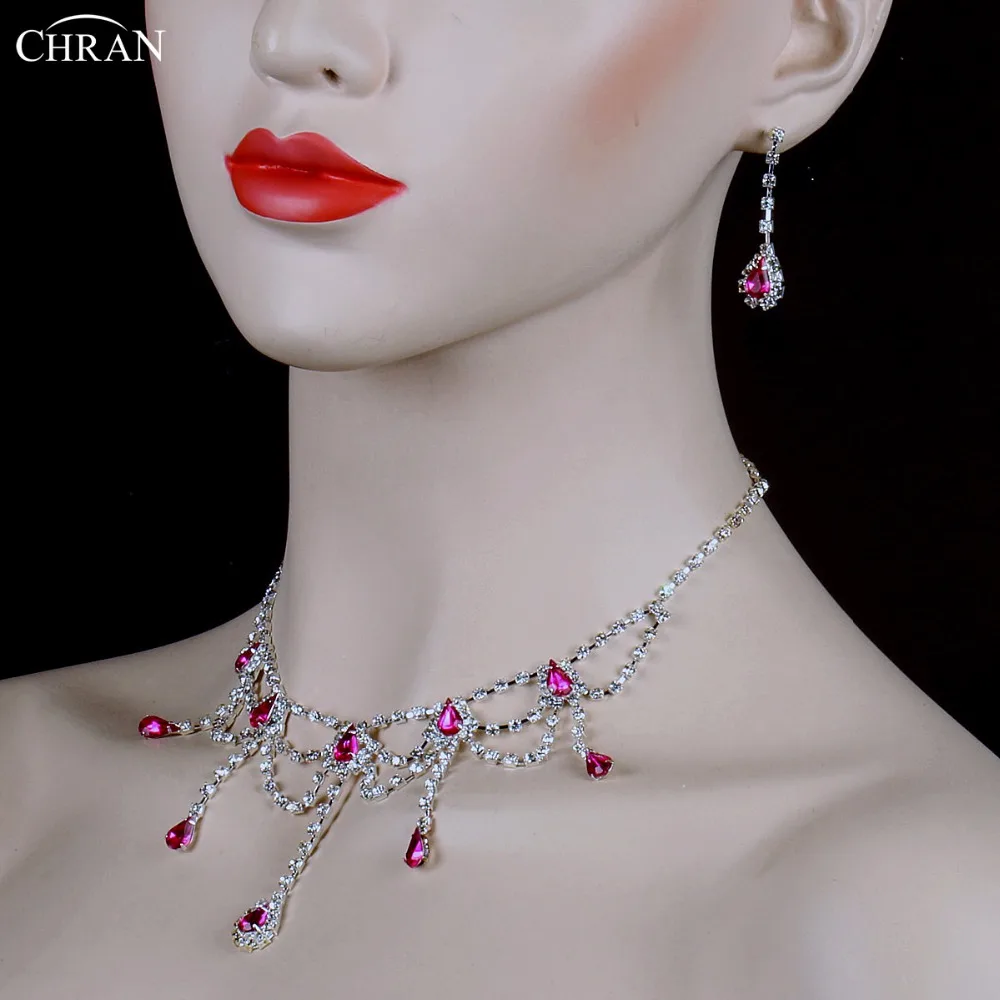 CHRAN Charm Silver Plated Pink Crystal Bridal Jewelry Sets Wholesale Sparkling Rhinestone Wedding Accessories for Women | Украшения и