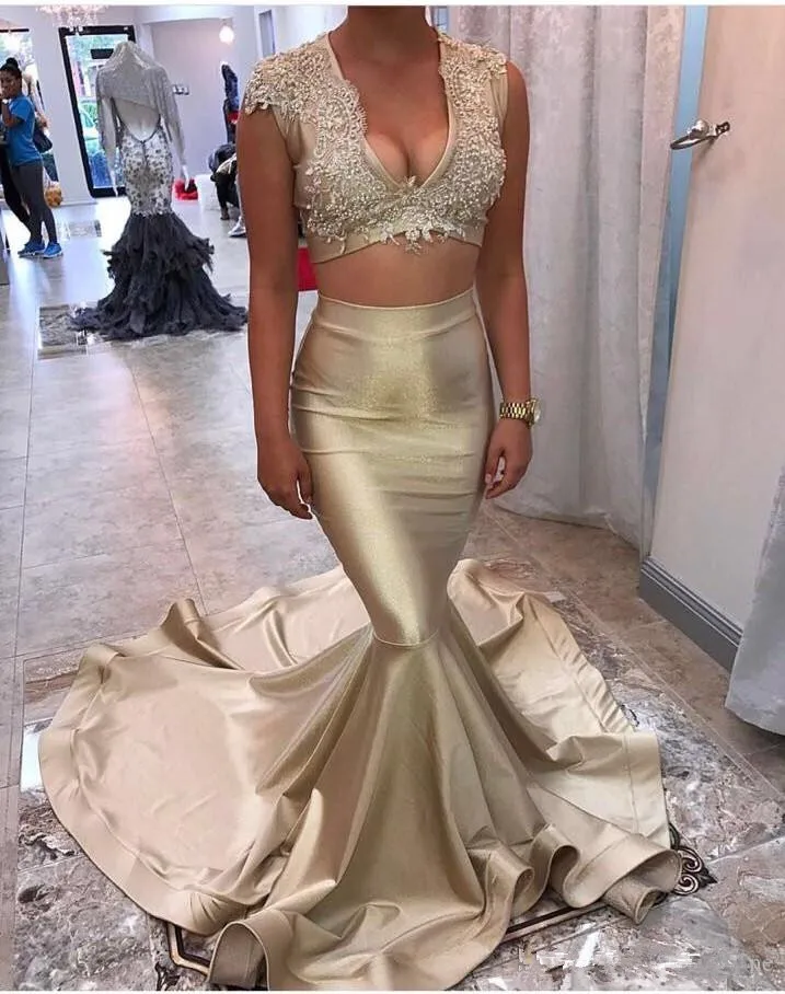 

Two Pieces Prom Dresses Mermaid V-neck Lace Beaded Sexy Party Maxys Long Prom Gown Evening Dresses Robe De Soiree