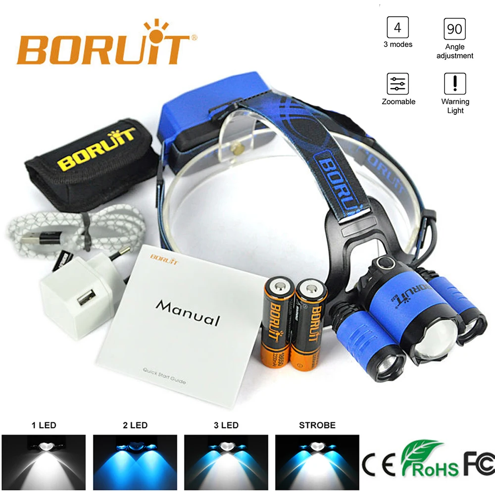 BORUIT Головной фонарь с регулировкой яркости светодиодный регулируемым зумом