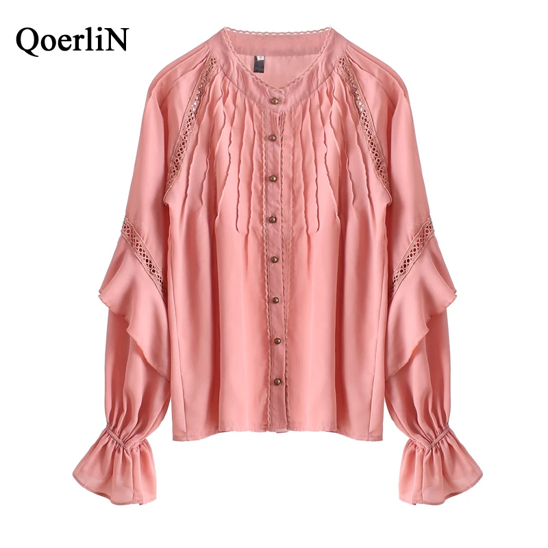 QoerliN S-XXL выдалбливают сексуальная мода оборками Блузка женские офисные