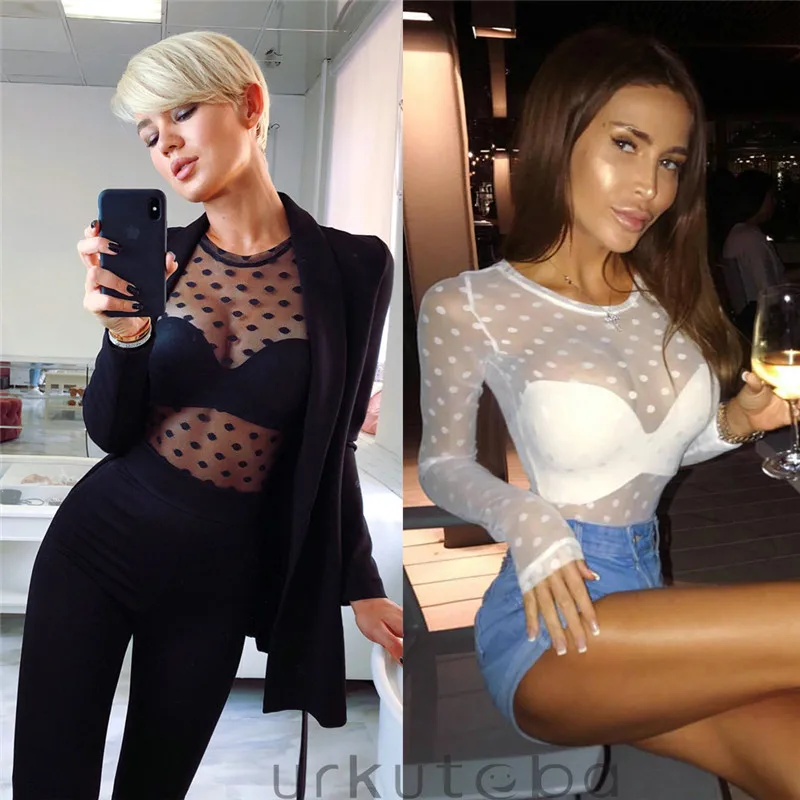 

Fashion Mesh Blouse Women's Long Sleeve Polka Dot Crew Neck Womens Tops And Blouses Sexy Sheer Shirt Hot