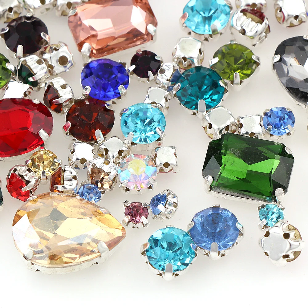 100 шт. прозрачные стеклянные стразы разной формы для пришивания с когтями