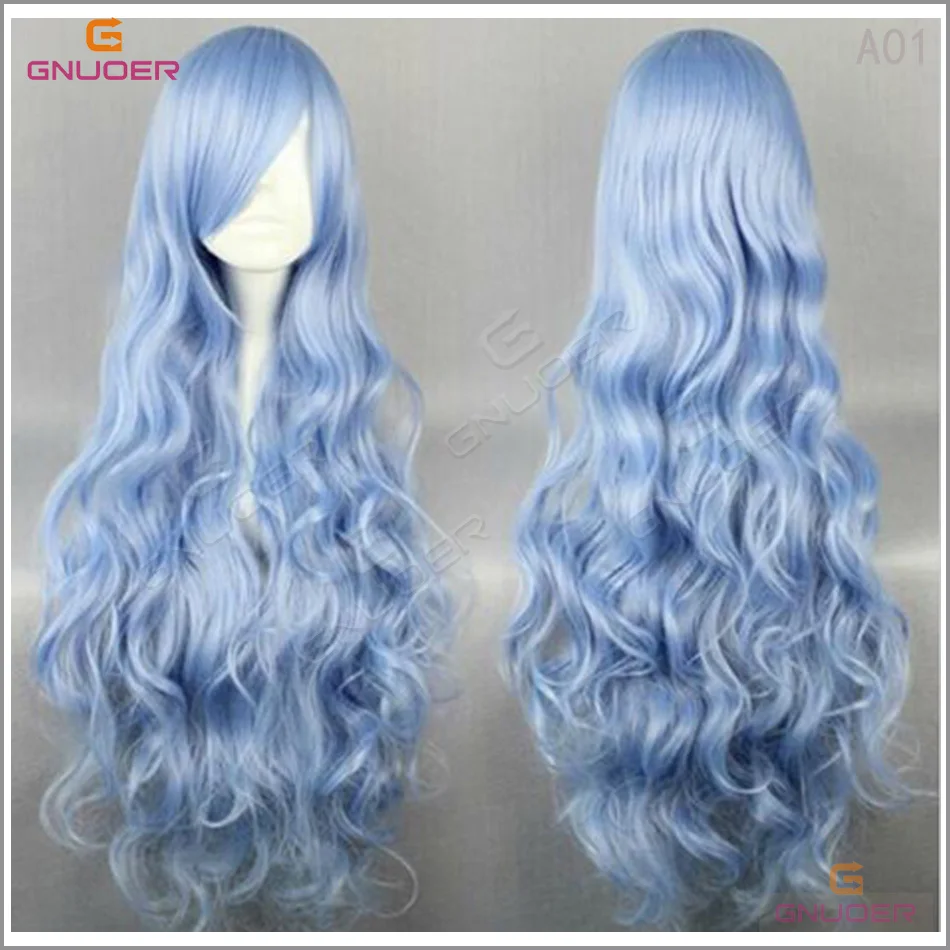 Высокое качество модные длинные вьющиеся синий парик высокой температуры