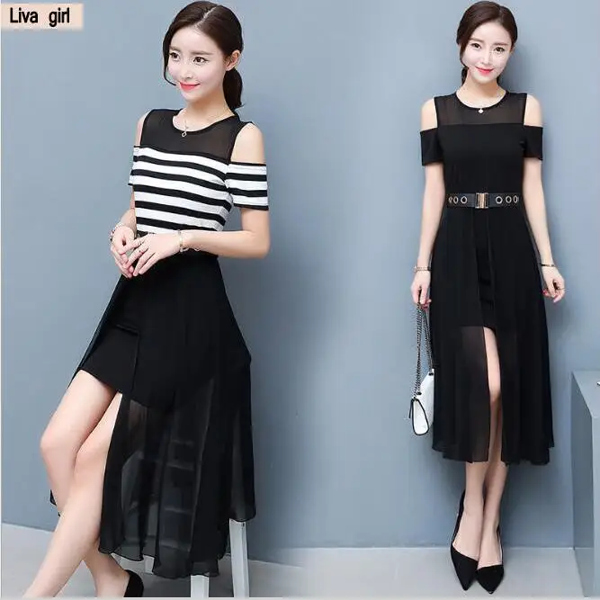 Wholesale fashion women stripes chiffon dress stitching A word long | Женская одежда