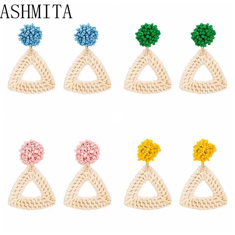 Женские серьги из ротанга ASHMITA зеленые желтые розовые СИНИЕ ВЯЗАНЫЕ