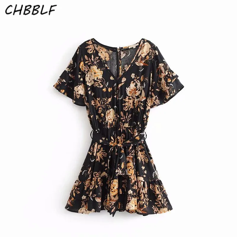 CHBBLF Женские винтажные цветочный мини-платье V шеи с коротким рукавом