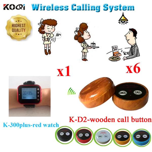 Wireless Watch Pager System For Restaurant Equipment With 6pcs 2-key Table Call Button And 1pcs Wrist Watch For Waiter Service
